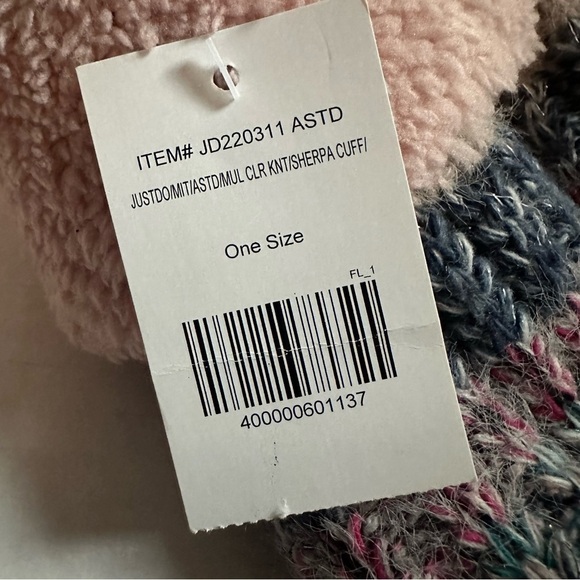 Chunky Knit Stripe Mittens with Pink Sherpa Cuffs - Picture 4 of 6